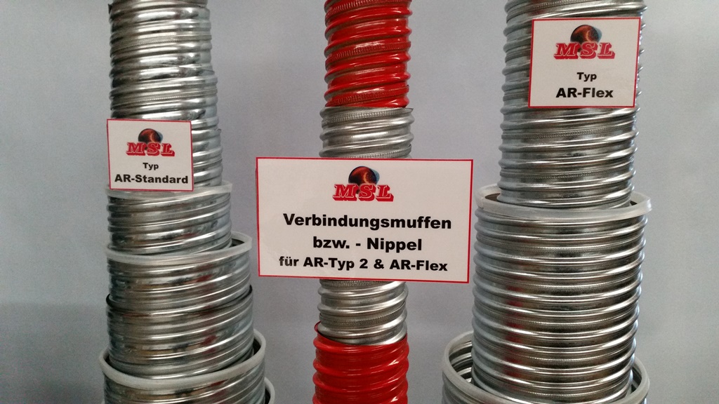 Verbindungsmuffen bzw. -nippel im Durchmesser von 40 mm bis 90 mm und 120 mm bis 140 mm lieferbar.
